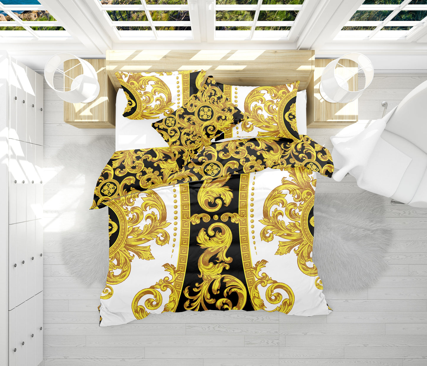 Juego de cama "Creta" Barroco Negro Amarillo Blanco Diseño romántico personalizado • Diseño reversible