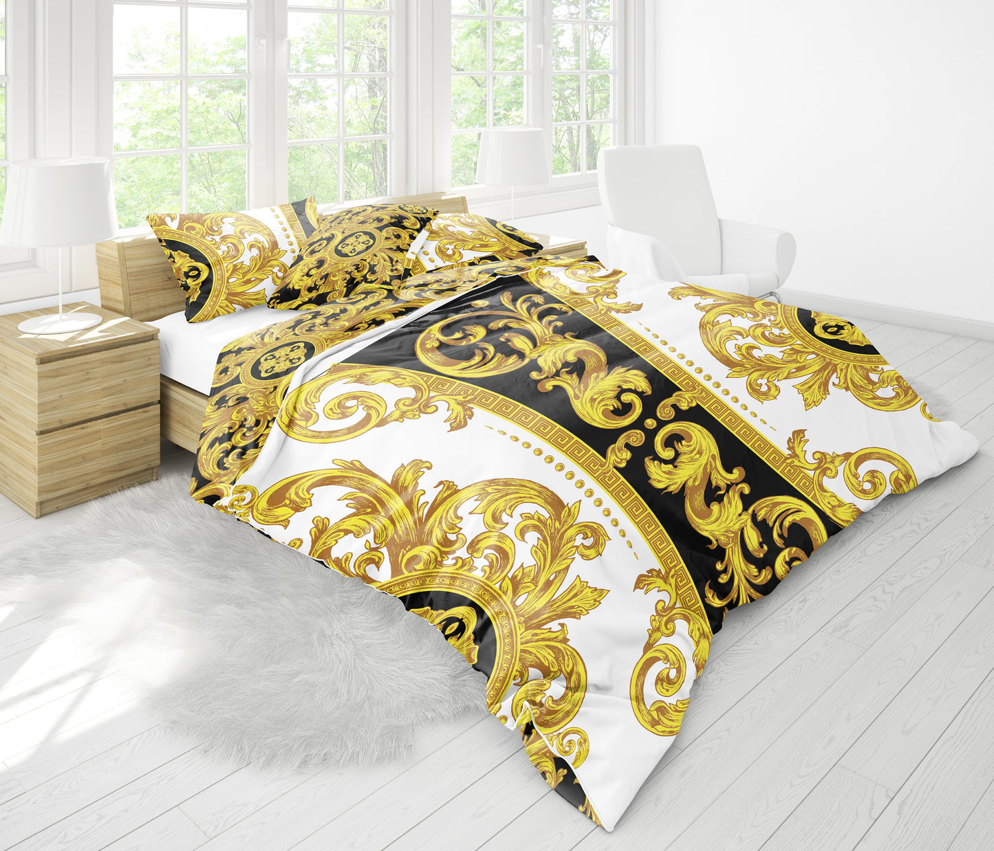 Juego de cama "Creta" Barroco Negro Amarillo Blanco Diseño romántico personalizado • Diseño reversible