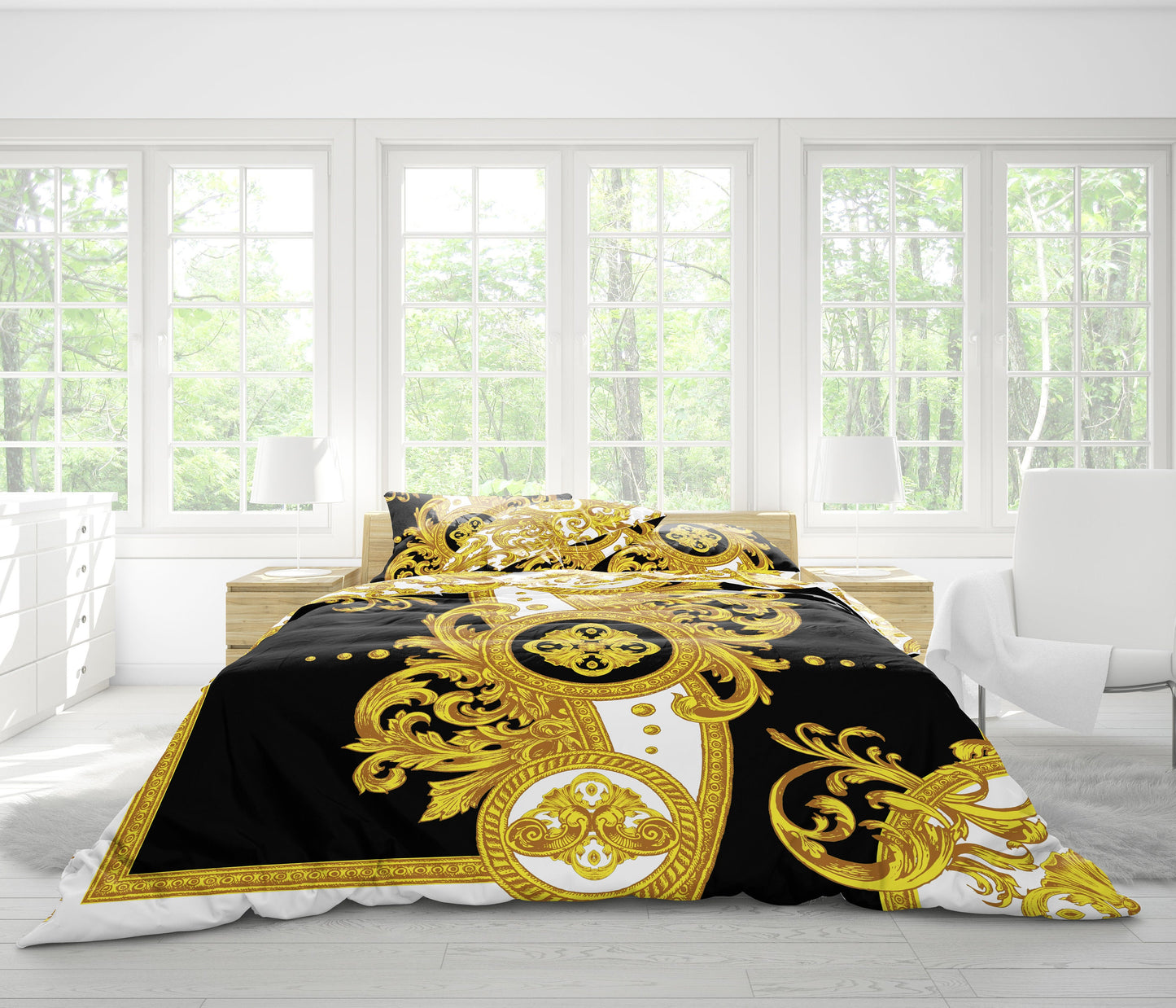 Baroque Yellow White Personalised Romantic design 3PC Bedding set • Reversible design • Cotton • microfiber • AU, EU, USA, queen, king