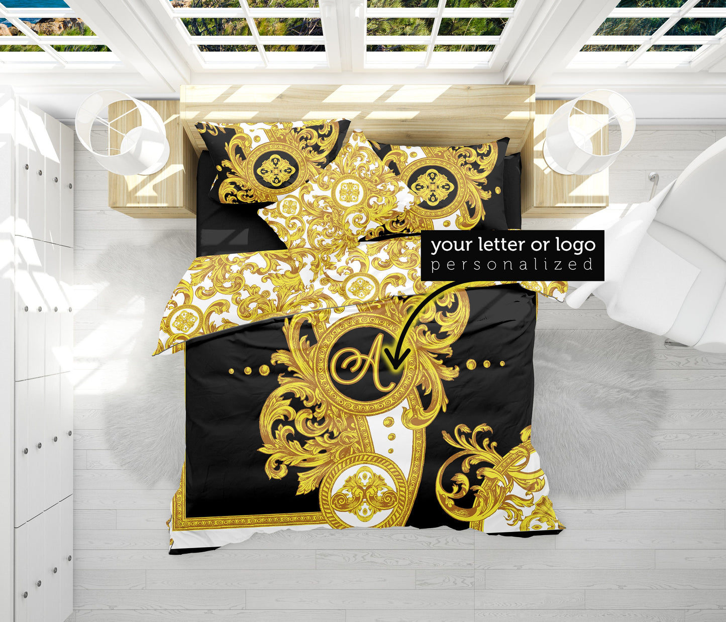 Baroque Yellow White Personalised Romantic design 3PC Bedding set • Reversible design • Cotton • microfiber • AU, EU, USA, queen, king