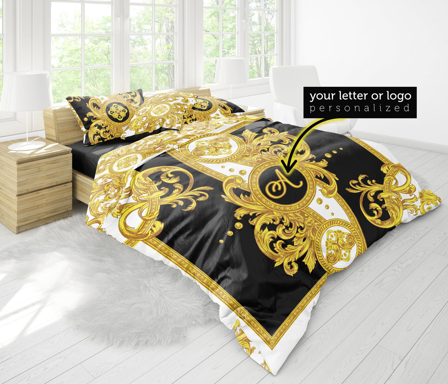 Baroque Yellow White Personalised Romantic design 3PC Bedding set • Reversible design • Cotton • microfiber • AU, EU, USA, queen, king