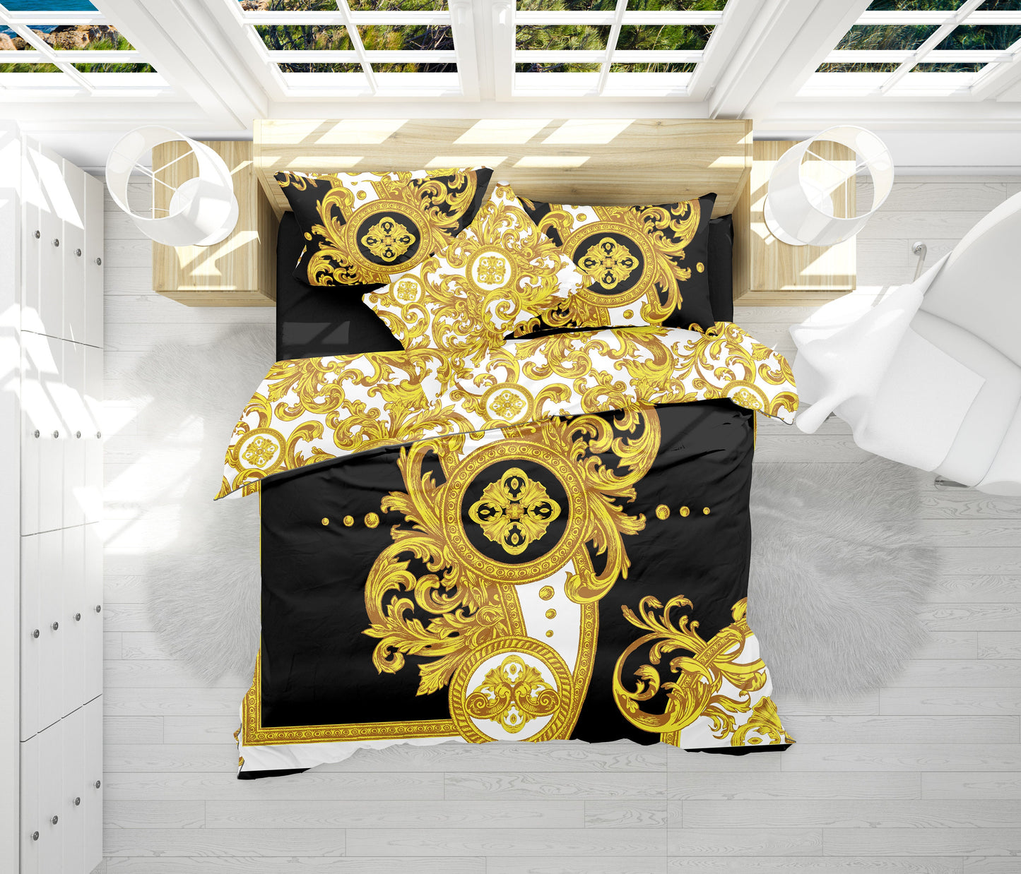 Baroque Yellow White Personalised Romantic design 3PC Bedding set • Reversible design • Cotton • microfiber • AU, EU, USA, queen, king