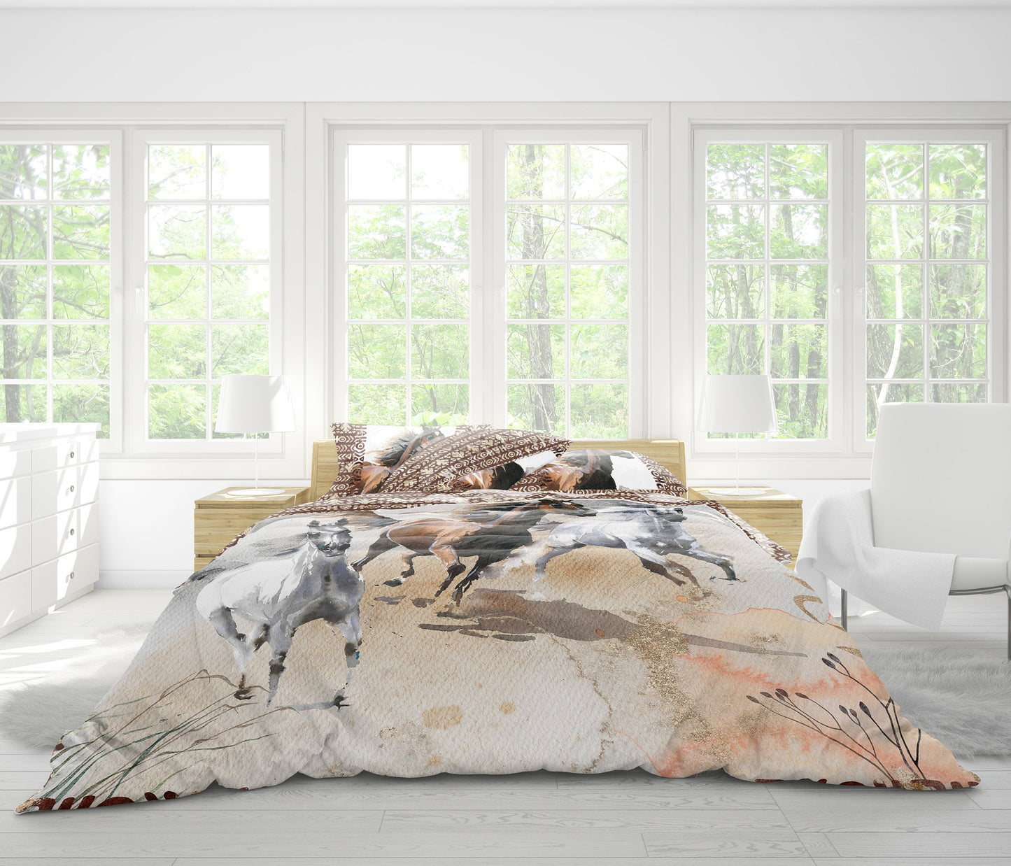 Watercolor Mustang wild horses design Duvet Quilt cover Bedding set with pillowcases • Reversible design • 100% Cotton • QUEEN, KING