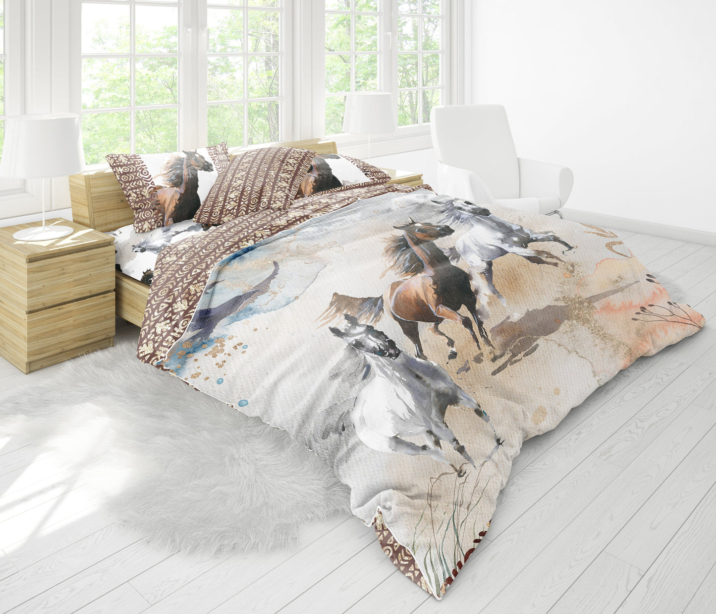 Watercolor Mustang wild horses design Duvet Quilt cover Bedding set with pillowcases • Reversible design • 100% Cotton • QUEEN, KING