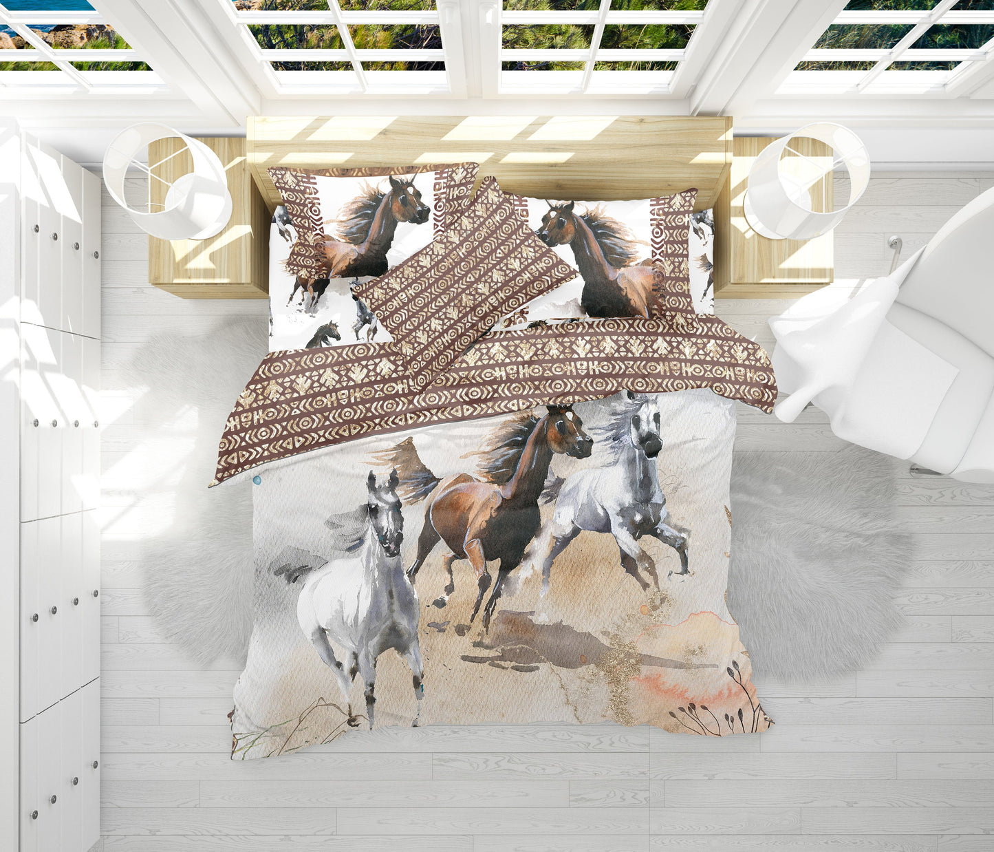 Watercolor Mustang wild horses design Duvet Quilt cover Bedding set with pillowcases • Reversible design • 100% Cotton • QUEEN, KING