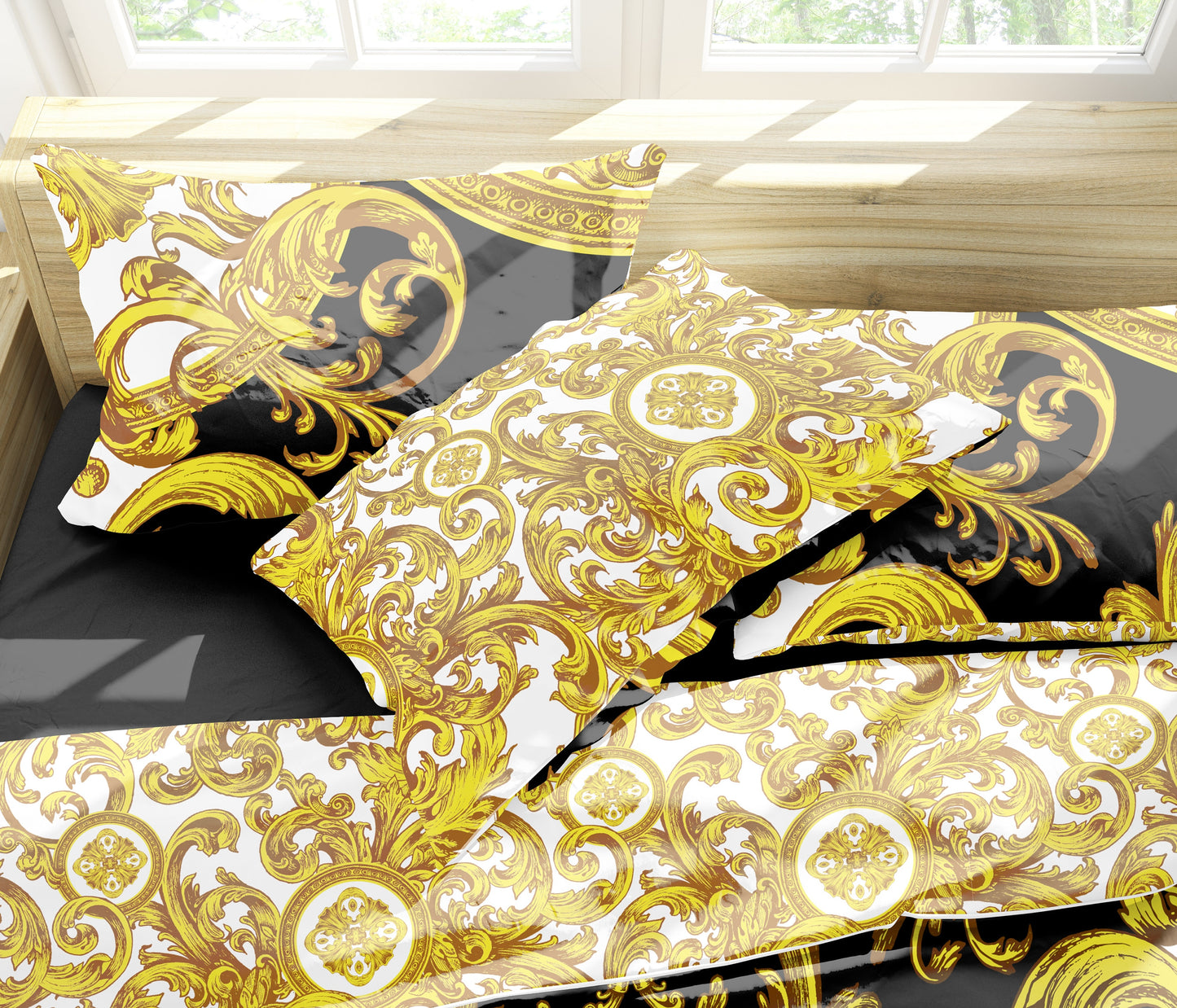 Juego de cama "Creta" Barroco Negro Amarillo Blanco Diseño romántico personalizado • Diseño reversible