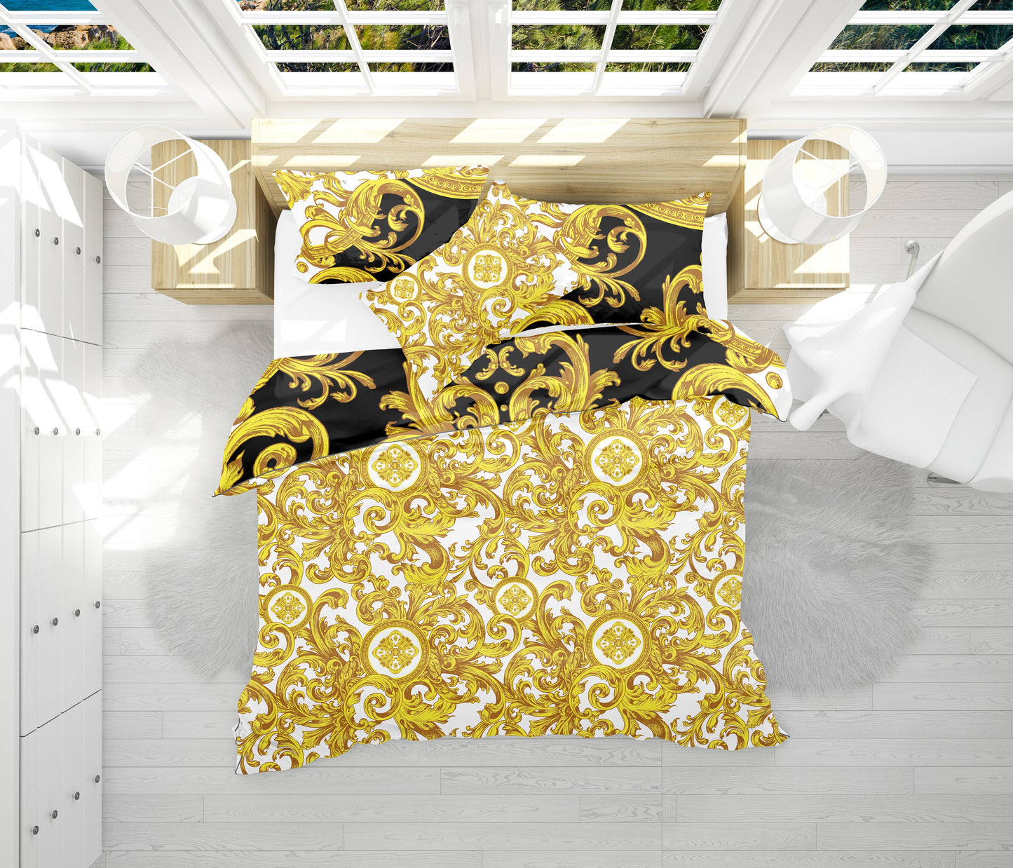 Juego de cama "Creta" Barroco Negro Amarillo Blanco Diseño romántico personalizado • Diseño reversible