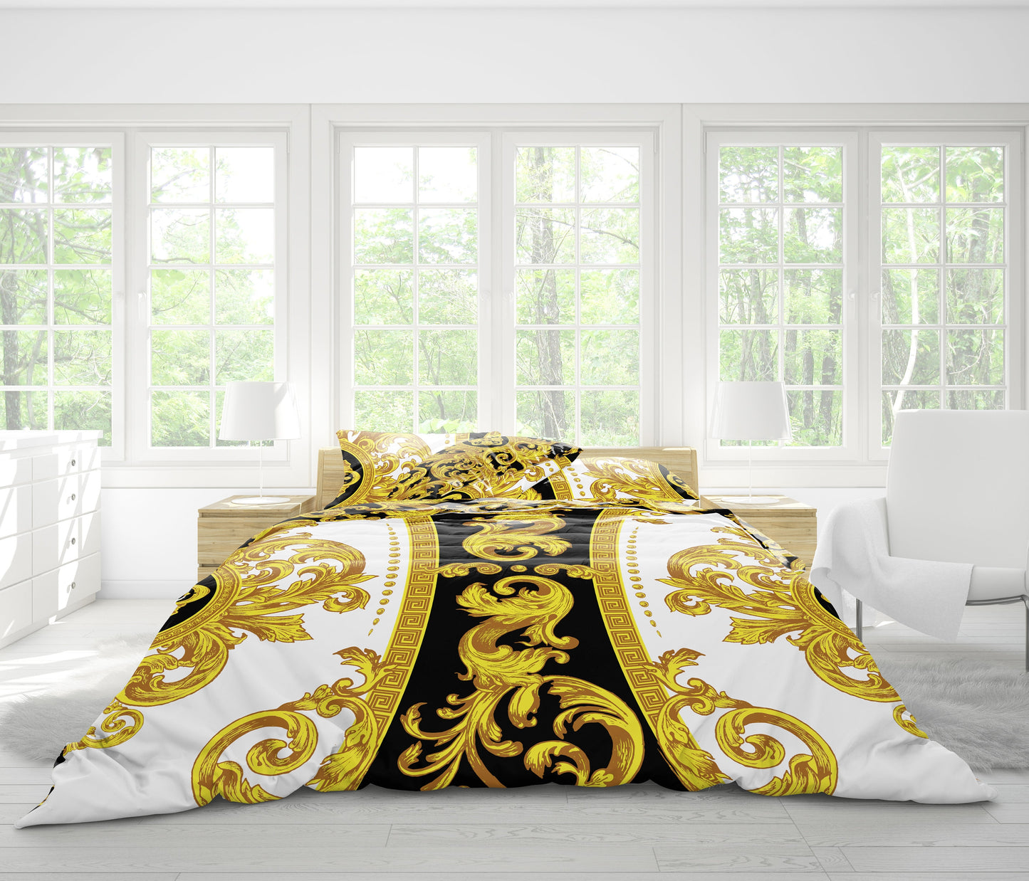 Juego de cama "Creta" Barroco Negro Amarillo Blanco Diseño romántico personalizado • Diseño reversible