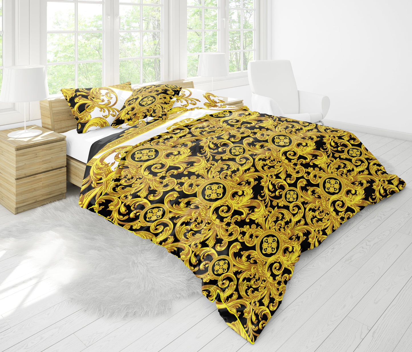 Juego de cama "Creta" Barroco Negro Amarillo Blanco Diseño romántico personalizado • Diseño reversible