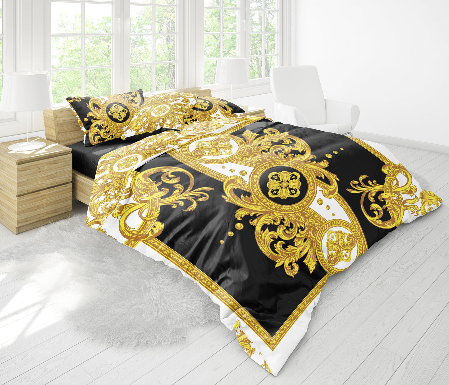 Baroque Yellow White Personalised Romantic design 3PC Bedding set • Reversible design • Cotton • microfiber • AU, EU, USA, queen, king