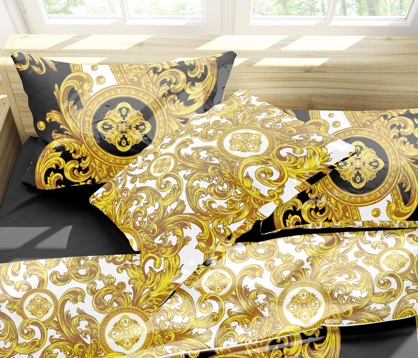 Baroque Yellow White Personalised Romantic design 3PC Bedding set • Reversible design • Cotton • microfiber • AU, EU, USA, queen, king