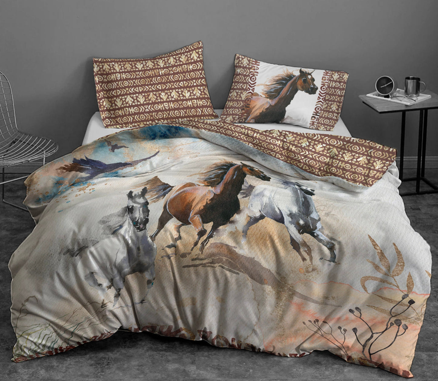 Watercolor Mustang wild horses design Duvet Quilt cover Bedding set with pillowcases • Reversible design • 100% Cotton • QUEEN, KING