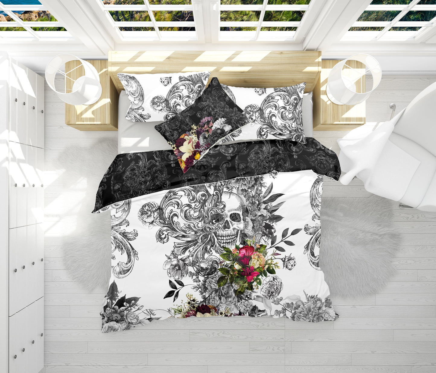 Unique design • Romantic Skull Gothic reversible design Bedding Set  • Personalised • Duvet Cover Set • Double Full Queen King