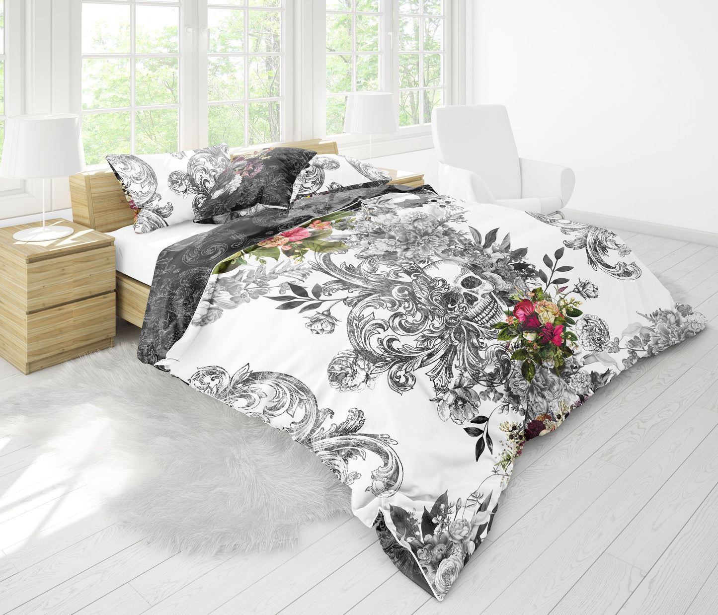 Unique design • Romantic Skull Gothic reversible design Bedding Set  • Personalised • Duvet Cover Set • Double Full Queen King