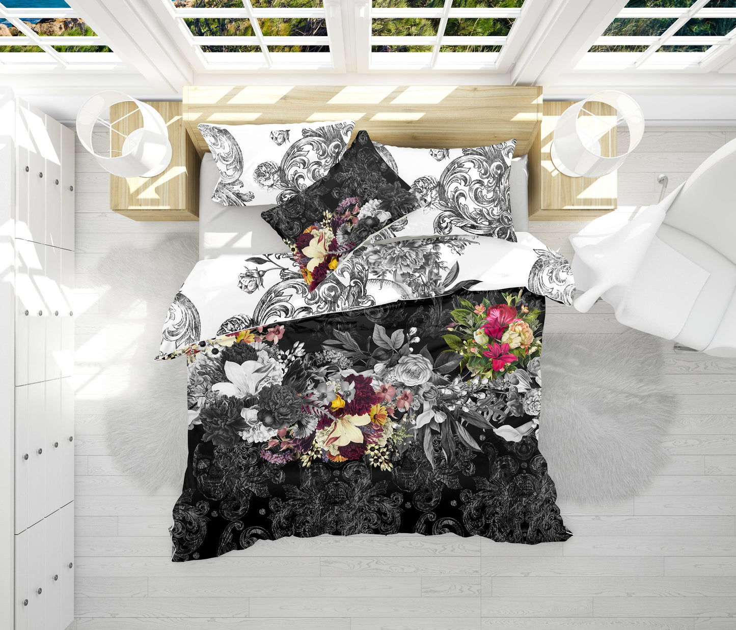 Unique design • Romantic Skull Gothic reversible design Bedding Set  • Personalised • Duvet Cover Set • Double Full Queen King