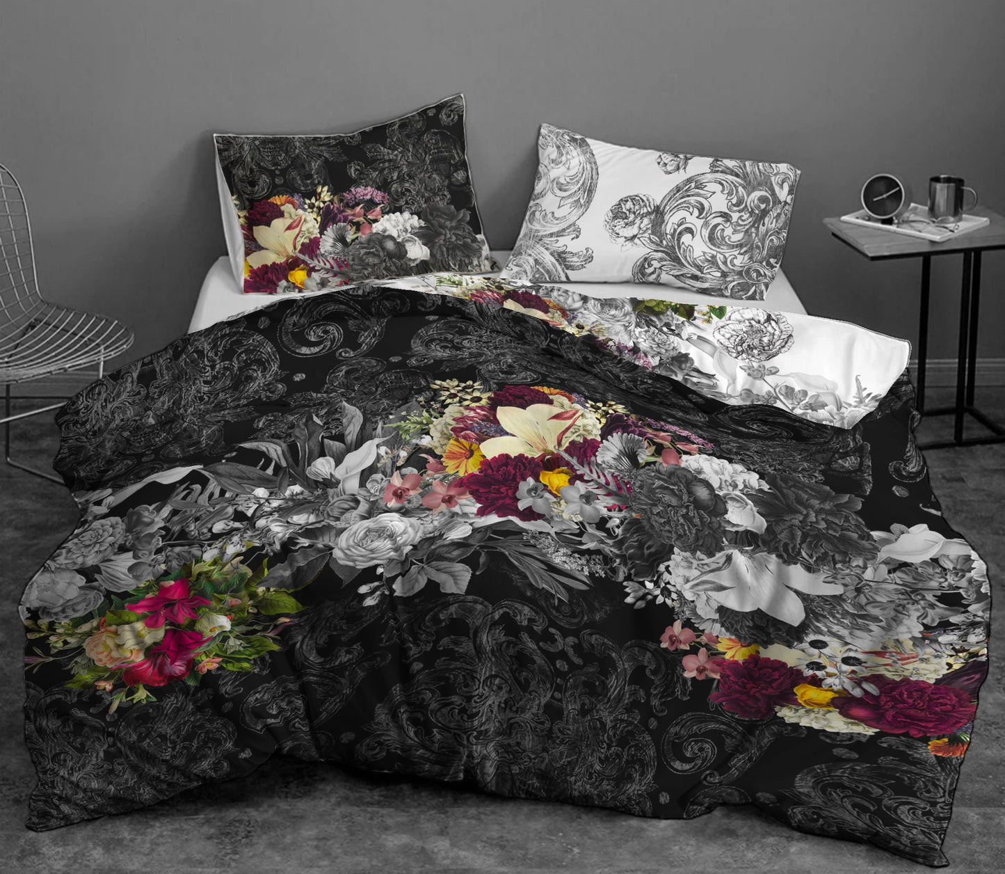 Unique design • Romantic Skull Gothic reversible design Bedding Set  • Personalised • Duvet Cover Set • Double Full Queen King