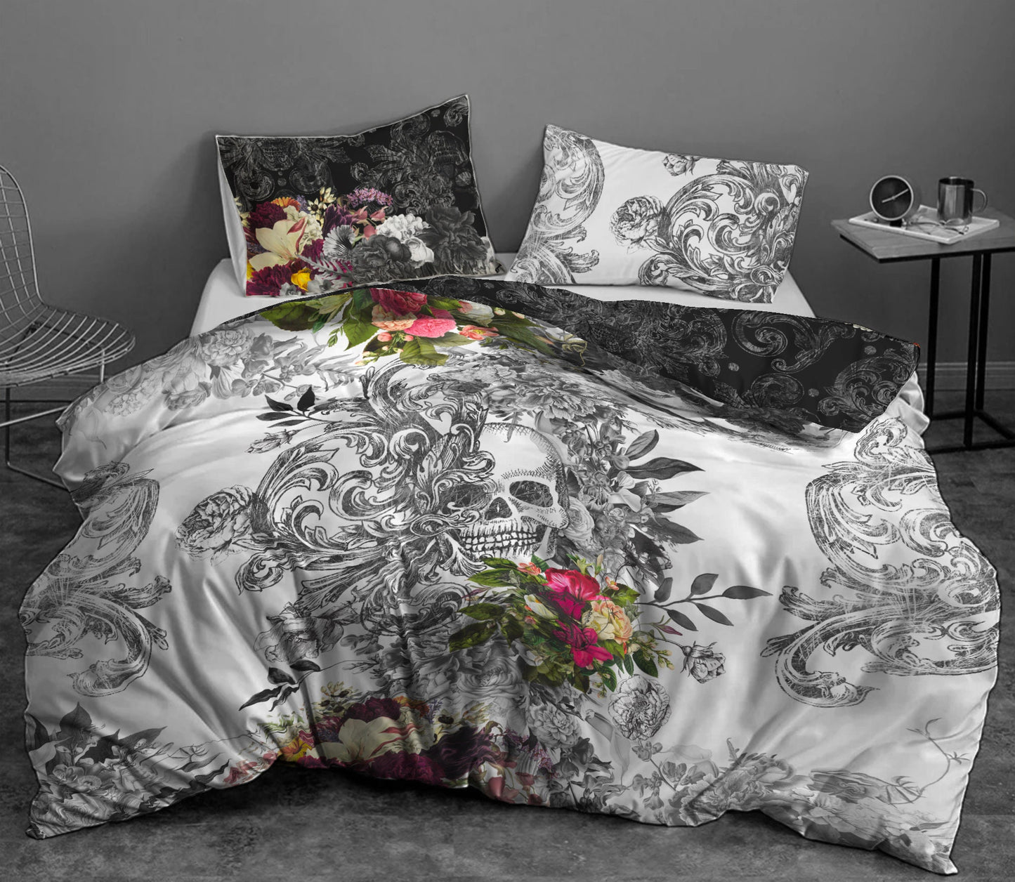 Unique design • Romantic Skull Gothic reversible design Bedding Set  • Personalised • Duvet Cover Set • Double Full Queen King