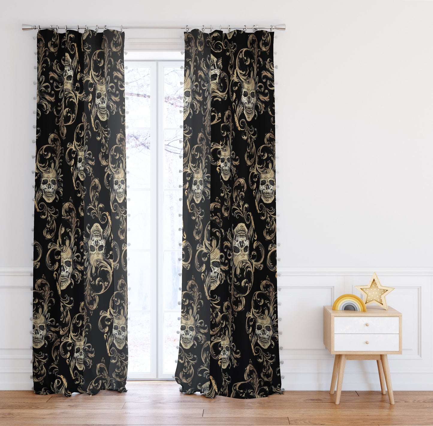 hand drawing romantic gothic scull design Curtains 2 PCS SET • room curtains • blackout • home decor