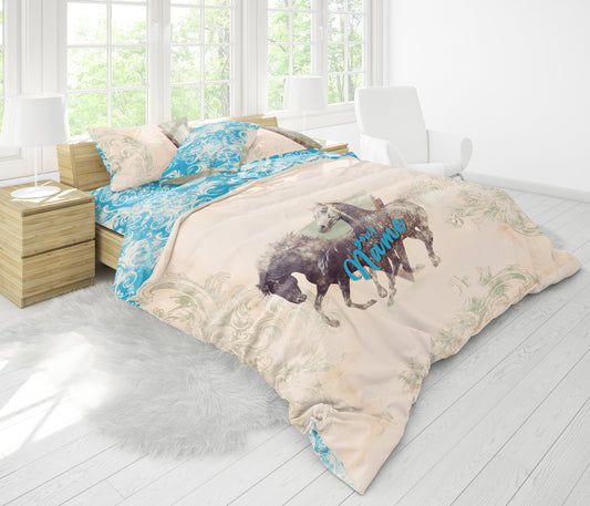 Juego de ropa de cama con diseño de caballos de estilo retro • Diseño reversible • Edredón y funda de almohada personalizados • Juego de funda nórdica • Doble Full Queen King