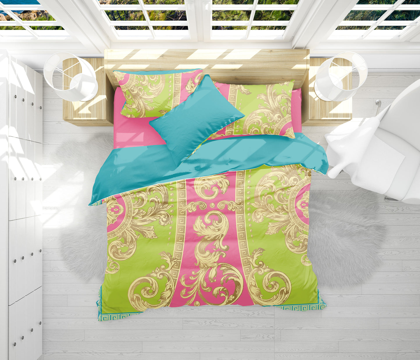 Verano color verde-azul-rosa barroco Diseño personalizado Juego de cama de 3/4 piezas • Diseño reversible • Algodón • microfibra • queen, king