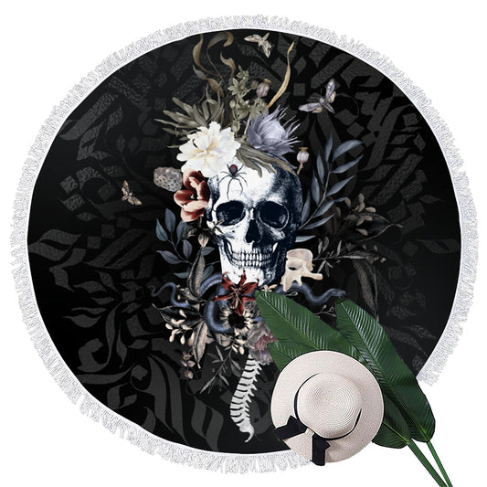 Round beach towel with hand-drawing exclusive design • romantic gothic skull design style • 150x150 cm