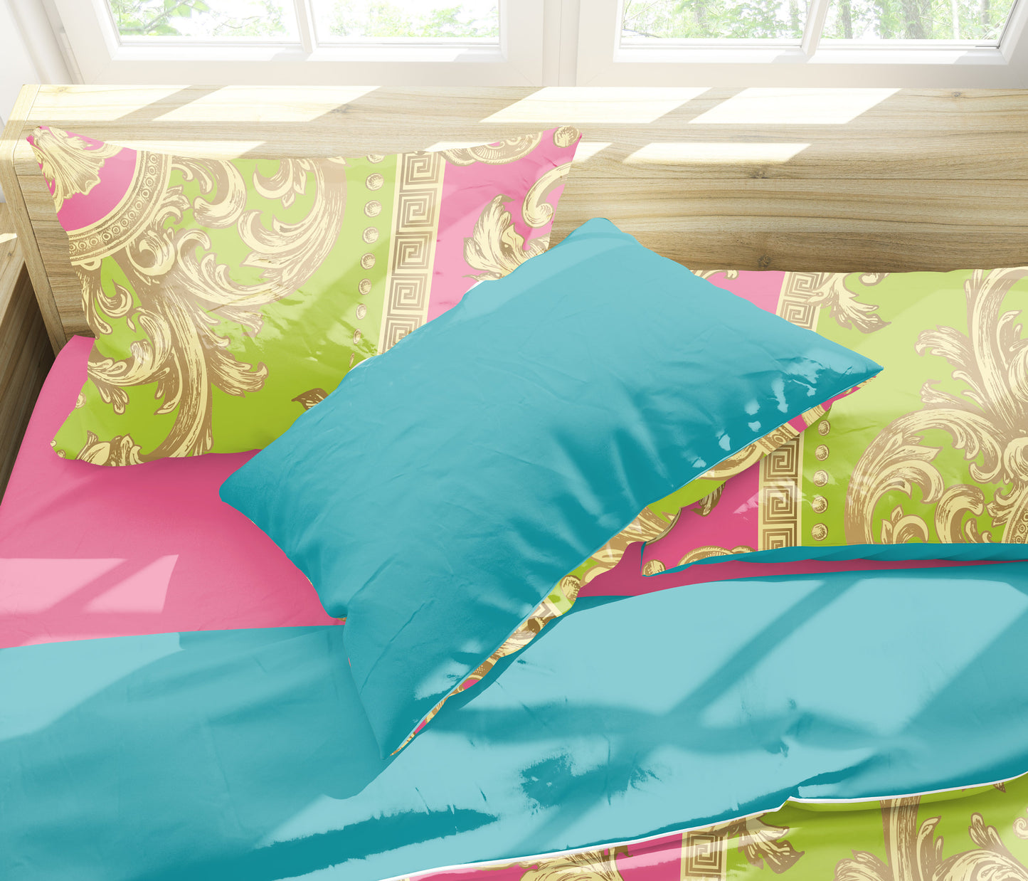 Verano color verde-azul-rosa barroco Diseño personalizado Juego de cama de 3/4 piezas • Diseño reversible • Algodón • microfibra • queen, king