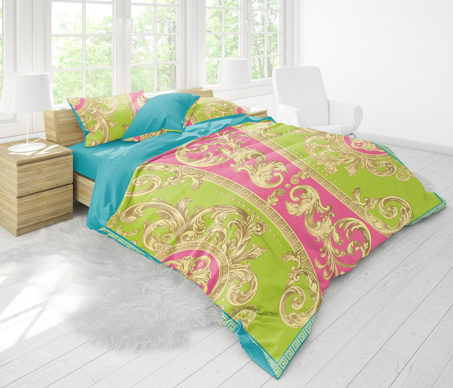 Verano color verde-azul-rosa barroco Diseño personalizado Juego de cama de 3/4 piezas • Diseño reversible • Algodón • microfibra • queen, king