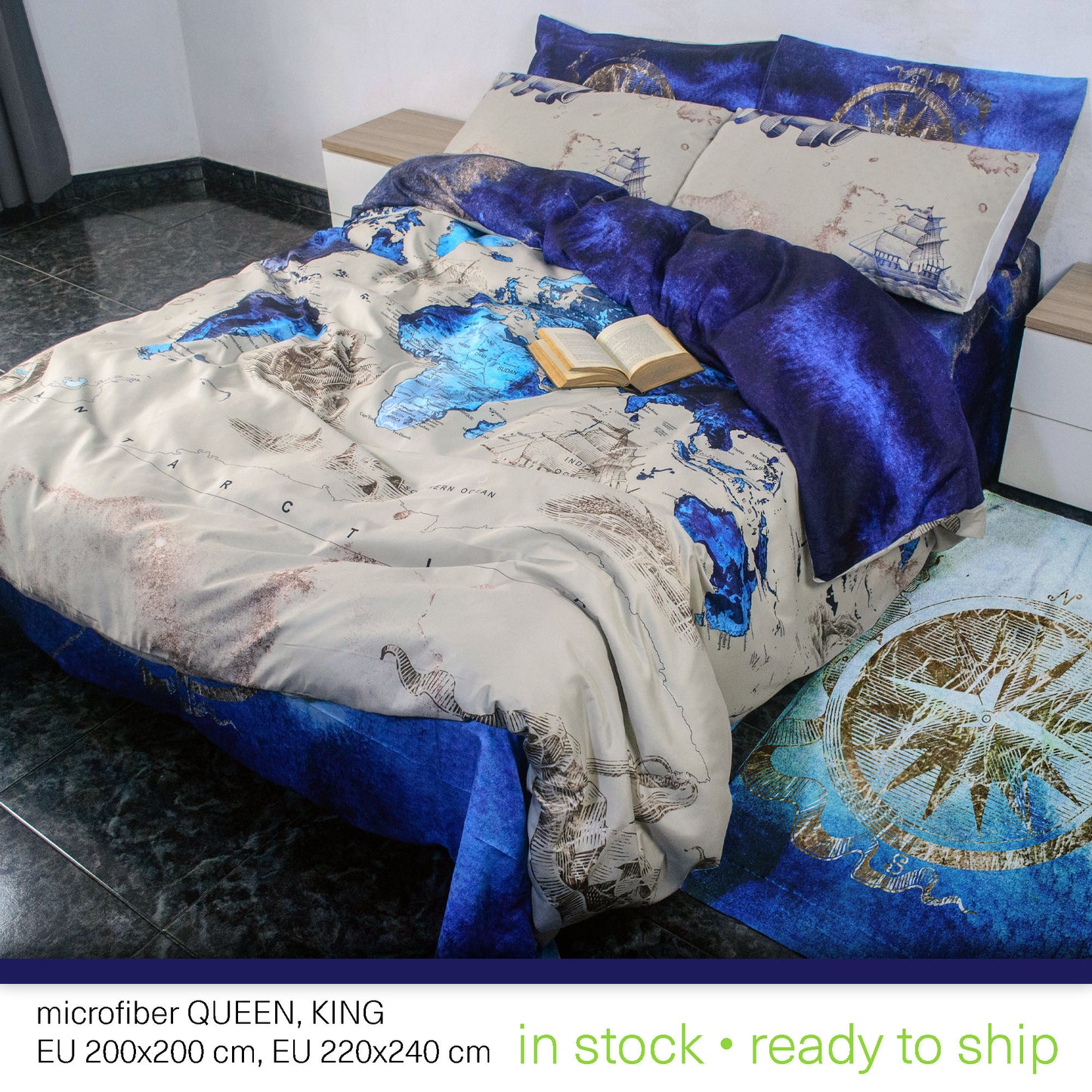 Vintage watercolour World map Bedding Set • Reversible design  •  100% Cotton • watercolour • duvet cover • king • queen • bedroom • gift