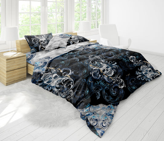 Skull Gothic design blue silver Bedding Set • Reversible design • Personalised Bedding • Duvet Cover Set With Pillowcases • Full Queen King
