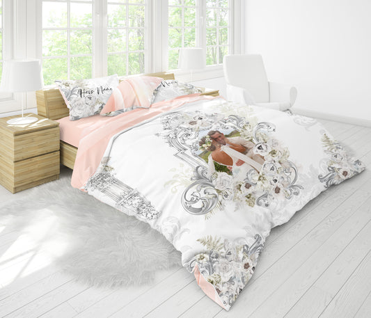 Wedding or Wedding or Family Personalised floral white-rose color design Bedding set gift • Reversible design • Cotton • queen, king