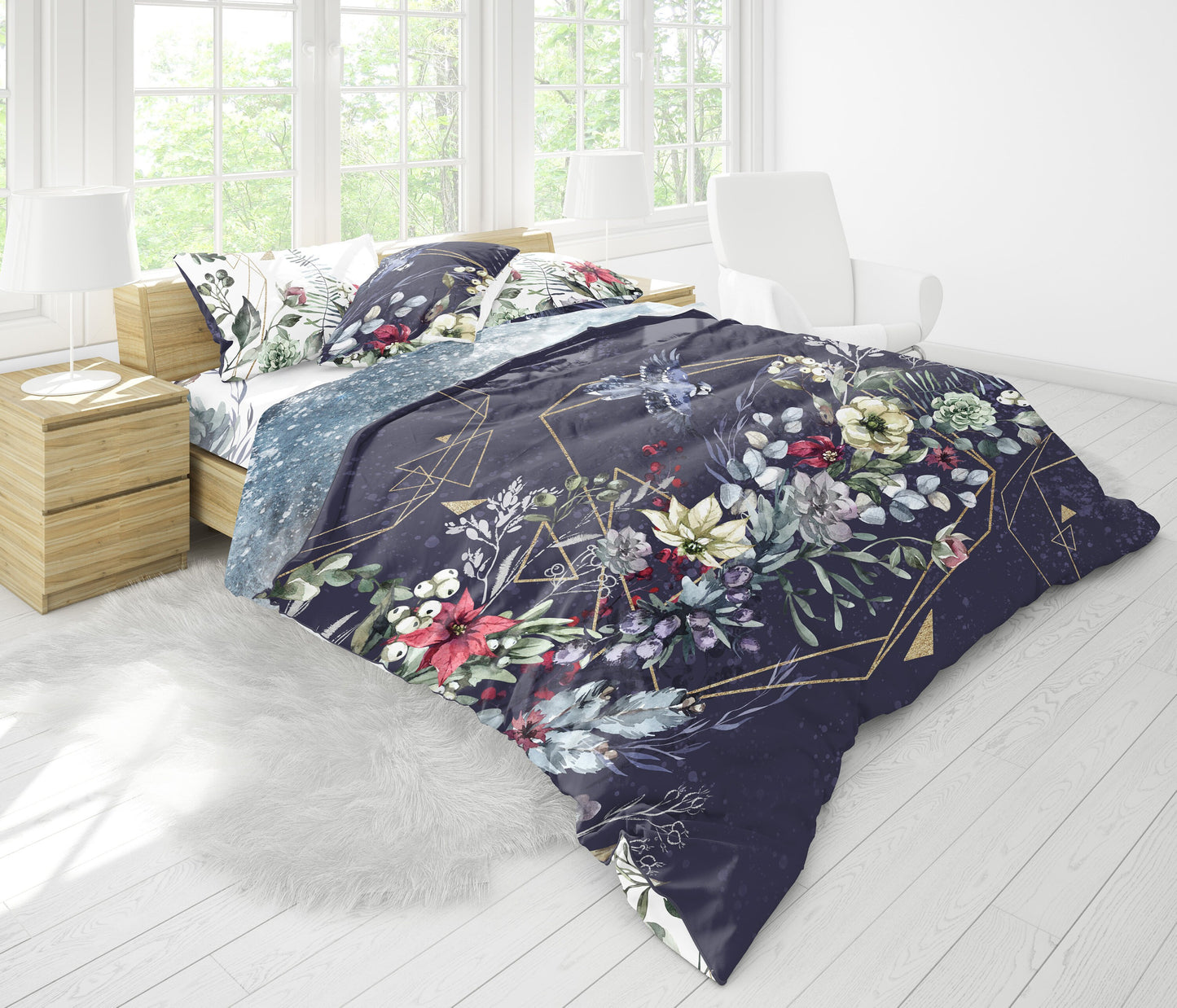 Magic floral design of the new Day with Christmas deer Personalised reversible gift Bedding set • Cotton • AU, EU, USA, queen, king