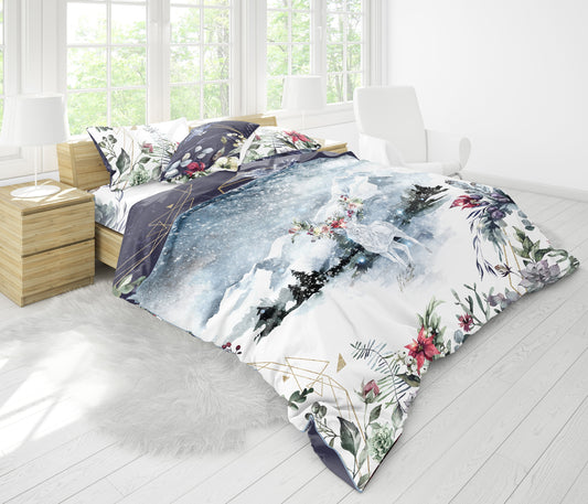 Diseño floral mágico del nuevo Día con ciervo navideño Regalo reversible personalizado Juego de ropa de cama • Algodón • AU, UE, EE. UU., reina, rey