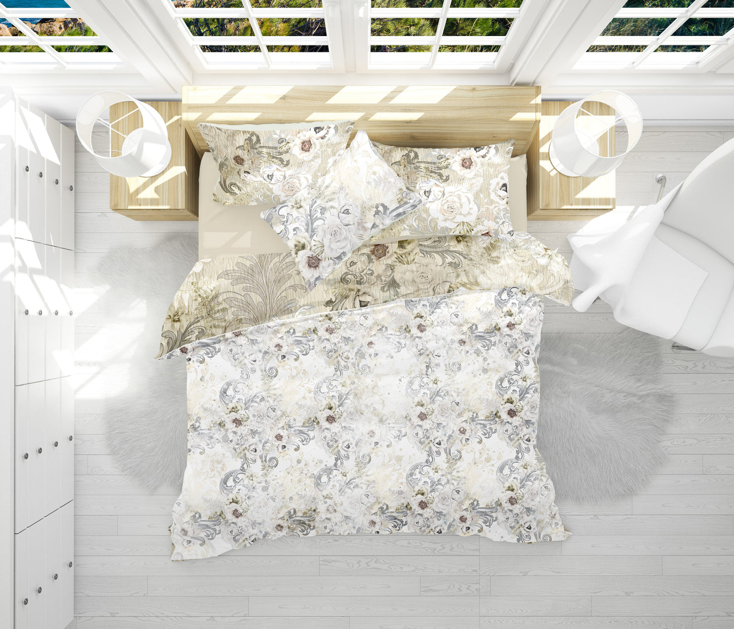 Vintage floral beige & white  Personalised Minimalism design Bedding set • Reversible design • Cotton • AU, EU, USA, queen, king