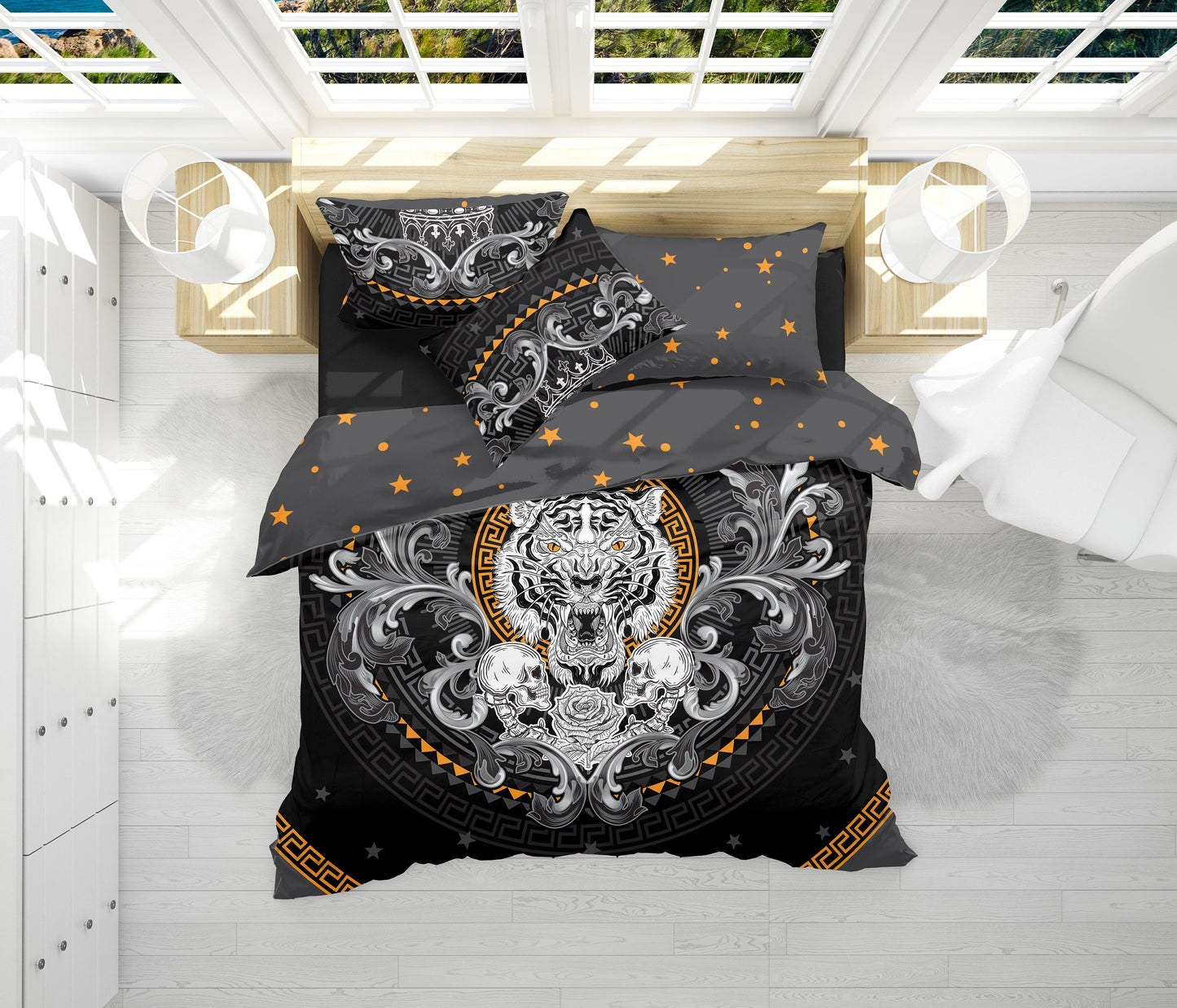 Skull Gothic design "White Tiger" 3/4 psc Bedding Set • 2 sided printed design • Personalized Bedding • Duvet Cover Set With Pillowcases