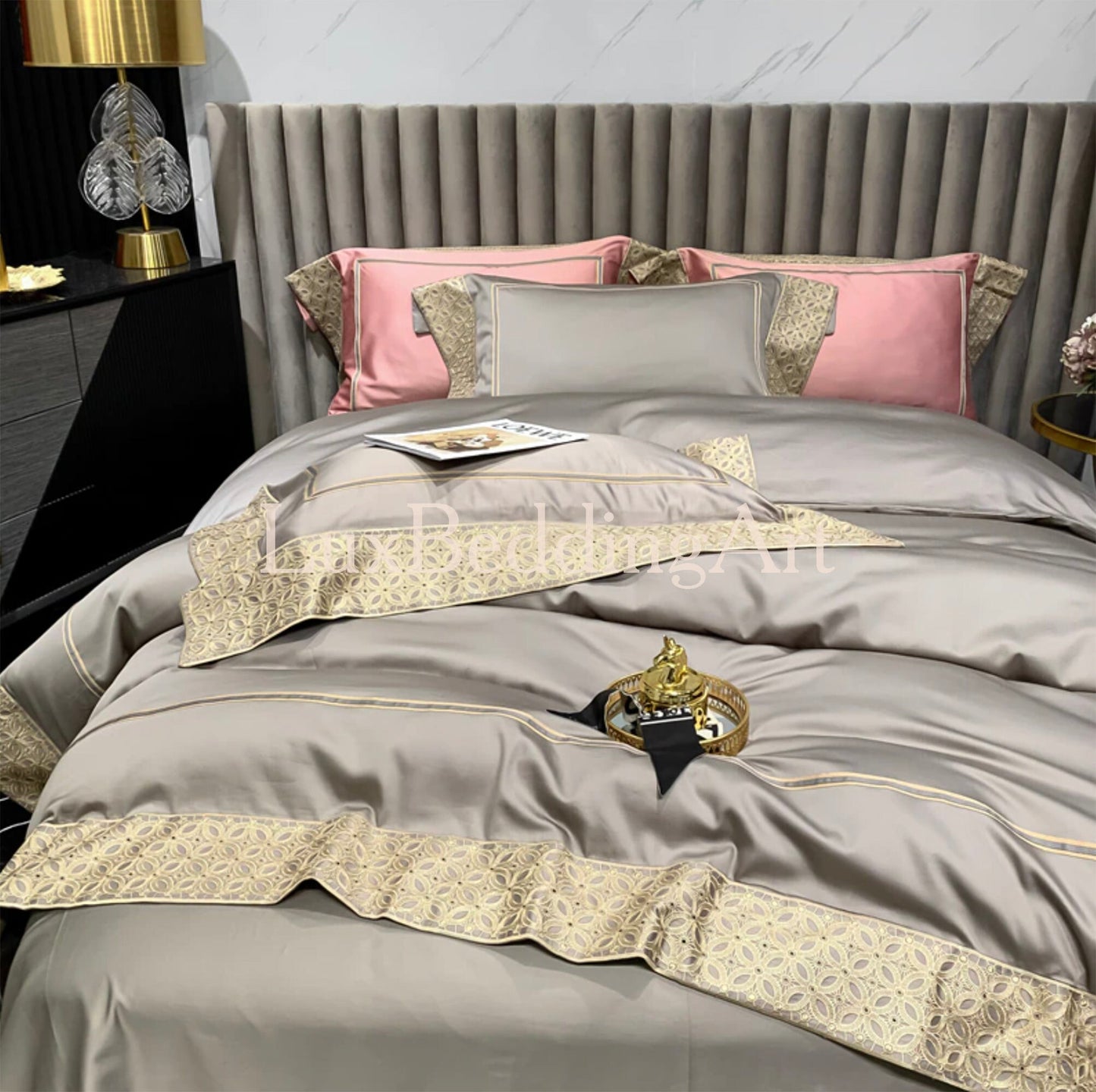 Luxury Elegant Beige&Gold Egyptian Cotton Bedding Set with Gold Edge Embroidery • Duvet Cover Set • Bed Sheet • Pillowcases