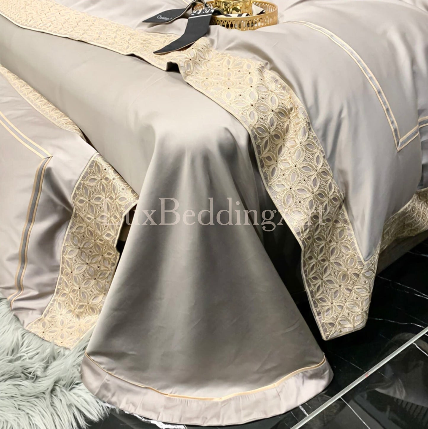Luxury Elegant Beige&Gold Egyptian Cotton Bedding Set with Gold Edge Embroidery • Duvet Cover Set • Bed Sheet • Pillowcases