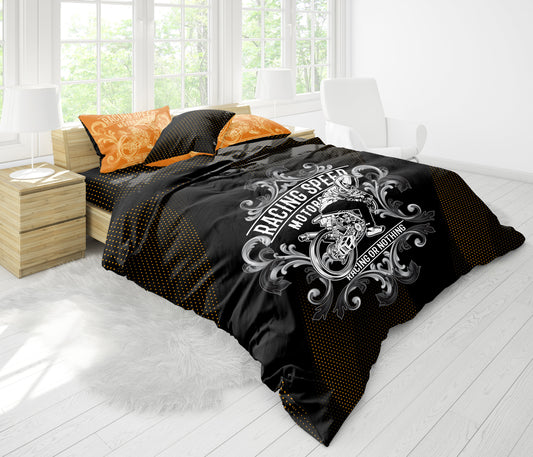 Dark skull bike 3/4 Piece comforter Bedding "Racing or Nothing" reversible design • cotton o microfiber • AU, EU, USA Queen, King size