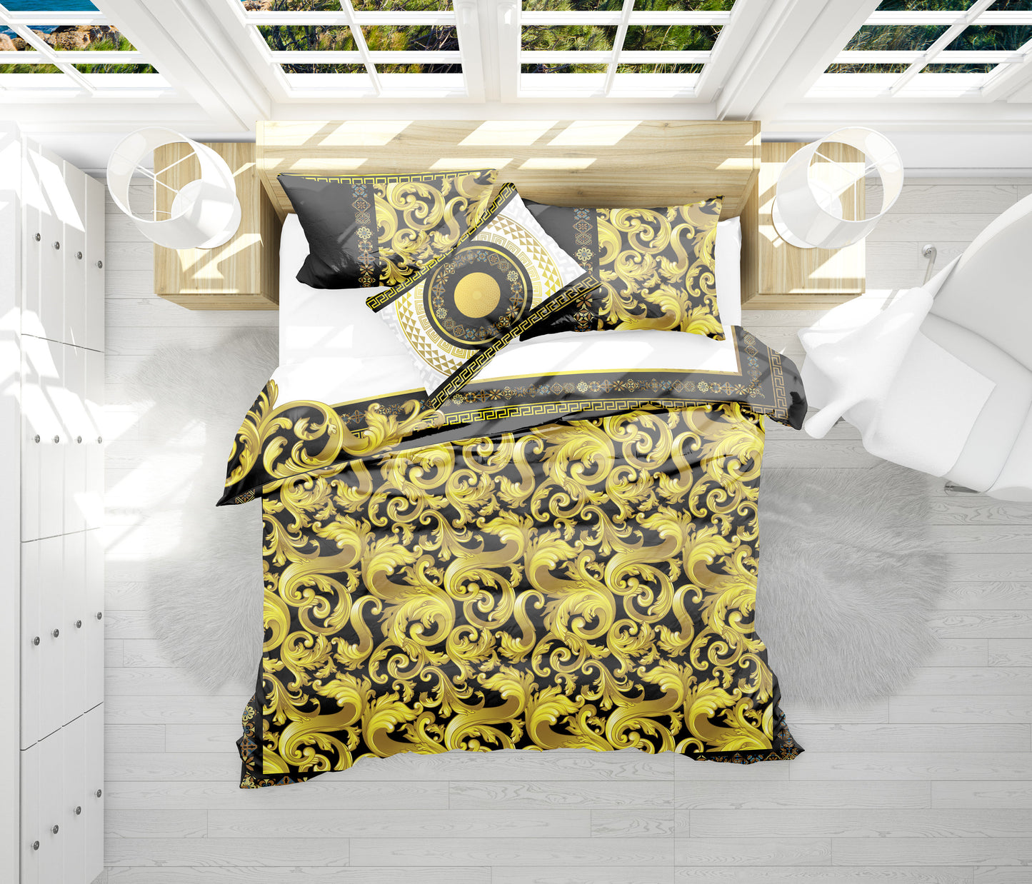 Barroco Blanco Amarillo Diseño minimalista personalizado Juego de cama • Diseño reversible • Algodón • microfibra • AU, UE, EE. UU., reina, rey