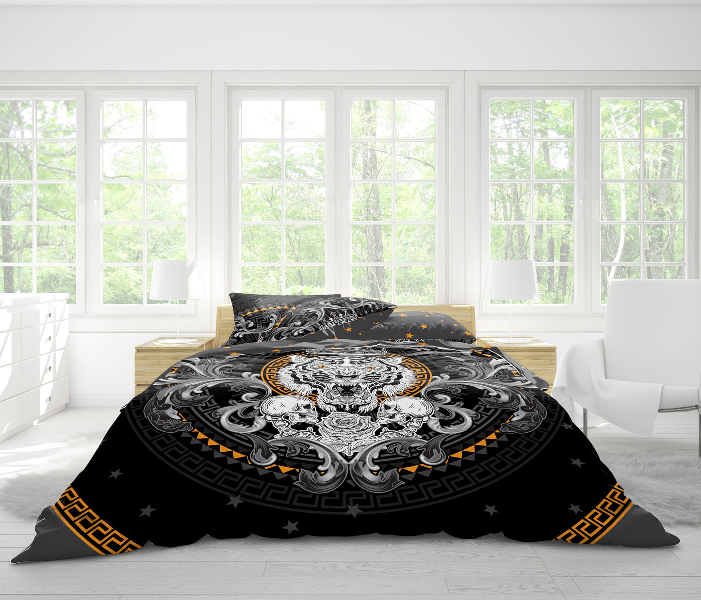 Skull Gothic design "White Tiger" 3/4 psc Bedding Set • 2 sided printed design • Personalized Bedding • Duvet Cover Set With Pillowcases