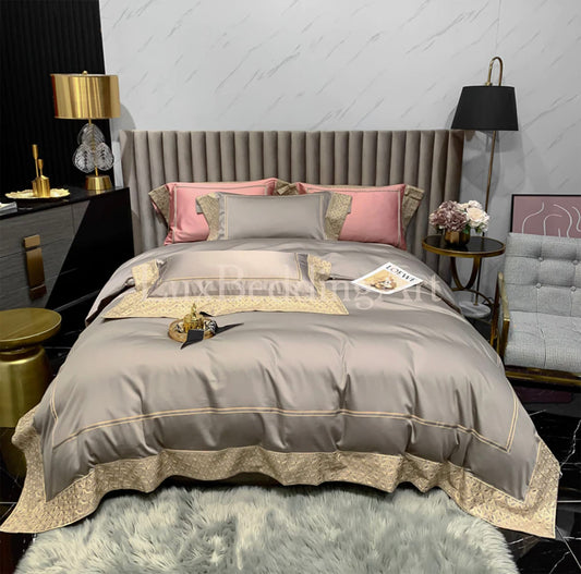 Luxury Elegant Beige&Gold Egyptian Cotton Bedding Set with Gold Edge Embroidery • Duvet Cover Set • Bed Sheet • Pillowcases