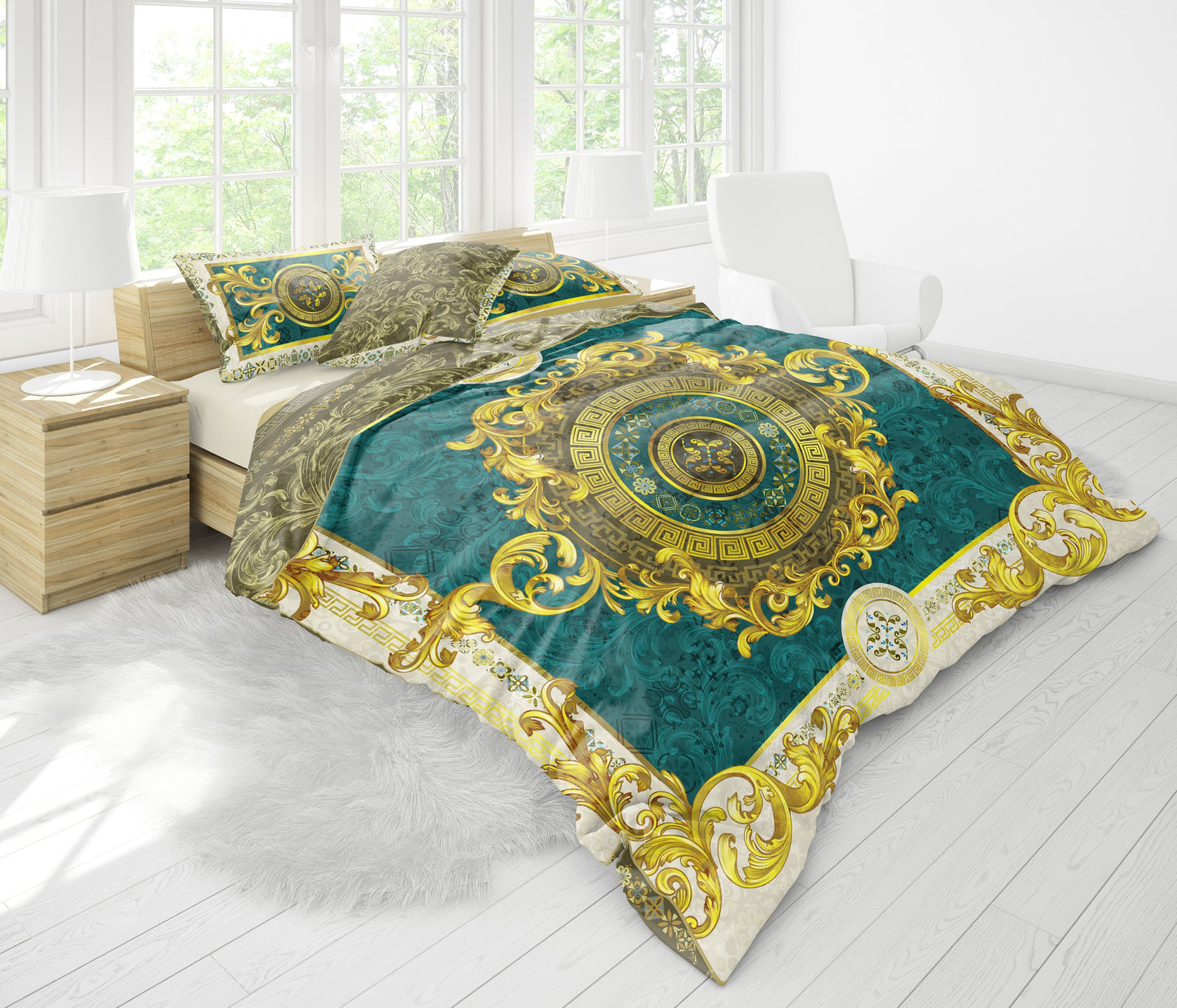 Juego de cama barroco excéntrico personalizado verde-dorado • Diseño reversible • Algodón • poliéster • seda • tamaño queen, king