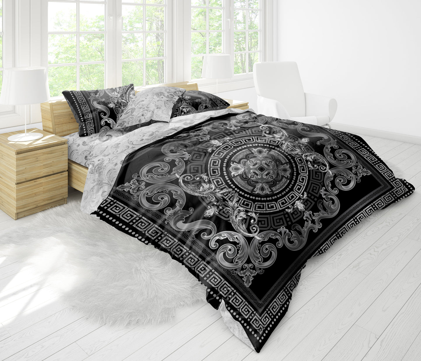 Juego de cama Barroco Excéntrico Personalizado Negro-Plata • Diseño reversible • Algodón • poliéster • seda • queen, king