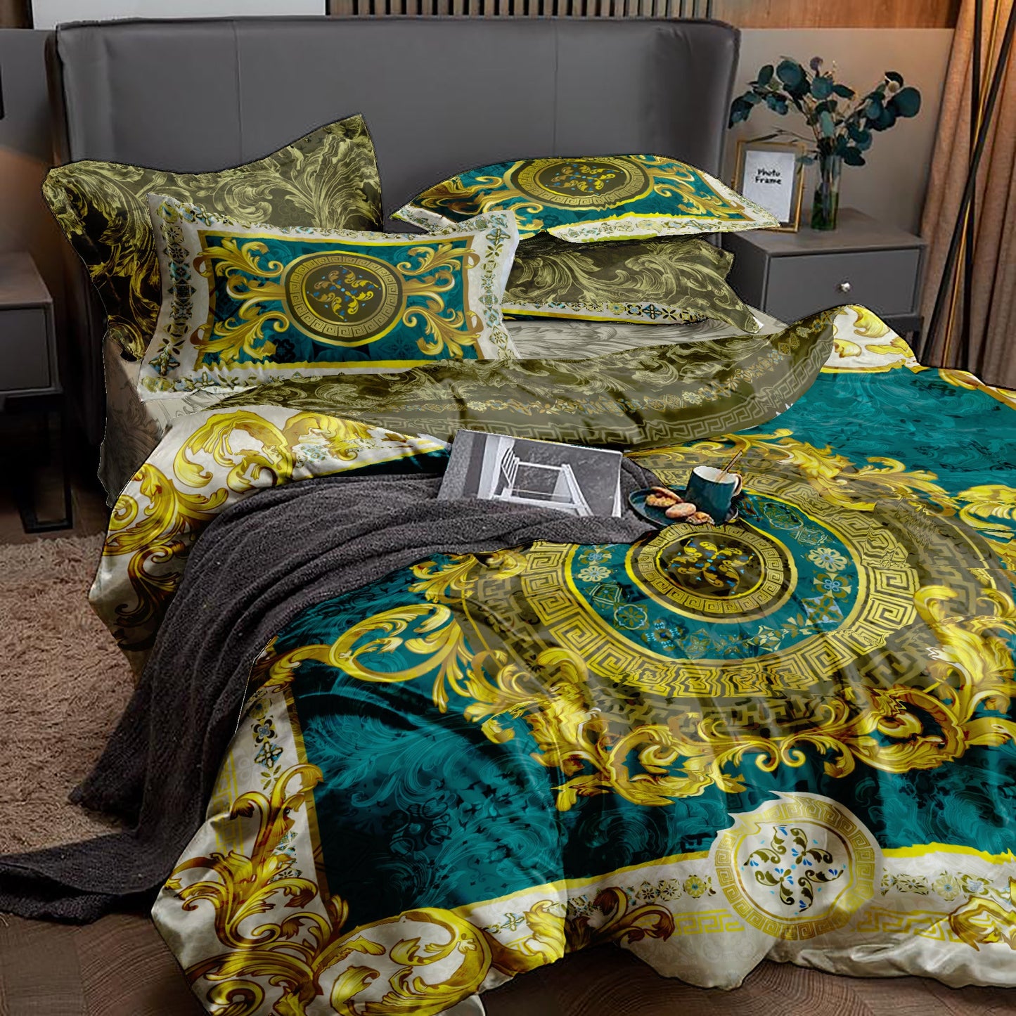 Juego de cama barroco excéntrico personalizado verde-dorado • Diseño reversible • Algodón • poliéster • seda • tamaño queen, king