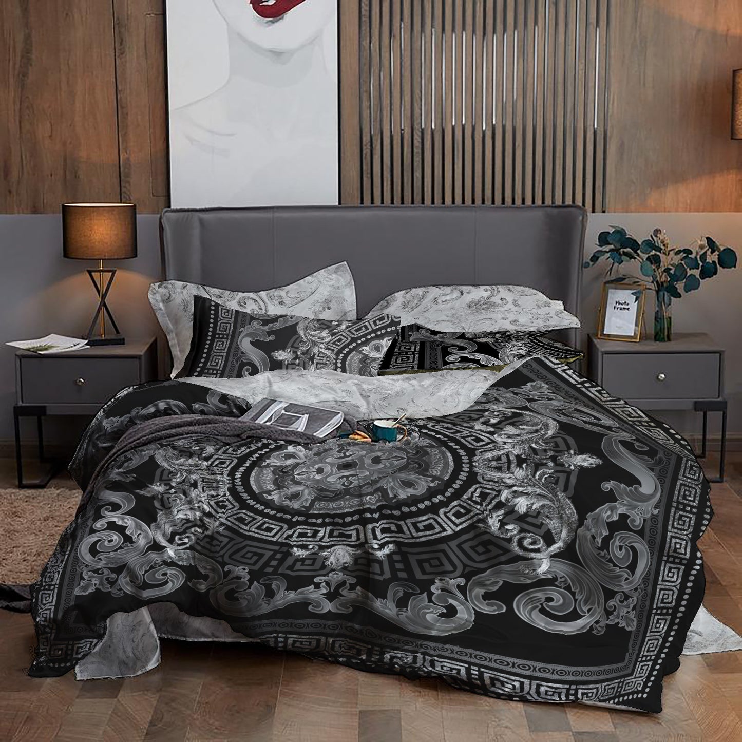 Juego de cama Barroco Excéntrico Personalizado Negro-Plata • Diseño reversible • Algodón • poliéster • seda • queen, king