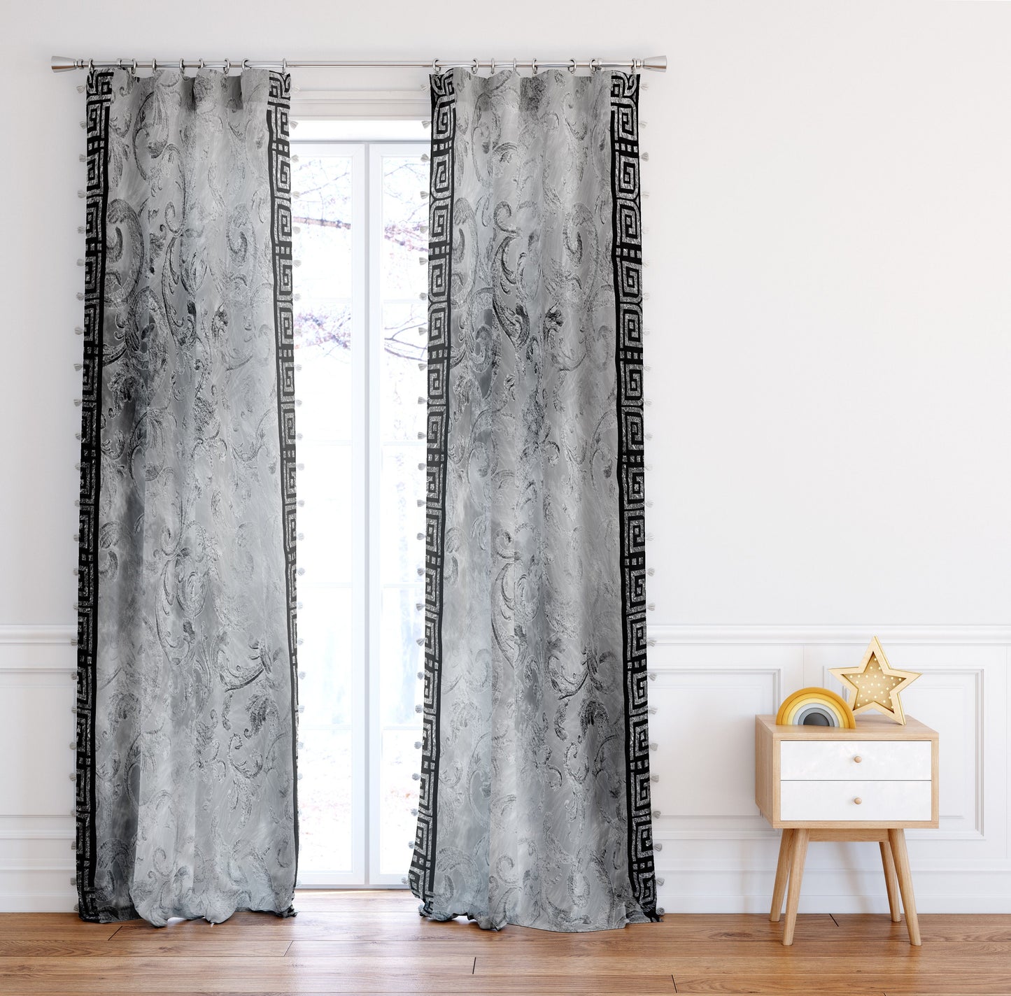 Curtains 2 PCS SET gey-silver baroque or greek style romantic design • room curtains  • home decor