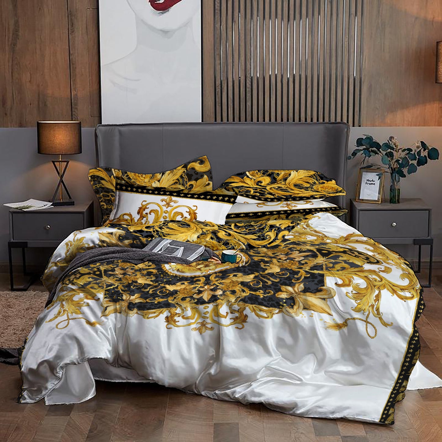 Damasco Barroco Excéntrico Personalizado Amarillo-Negro exclusivo Juego de cama • Diseño reversible • Algodón • microfibra • seda