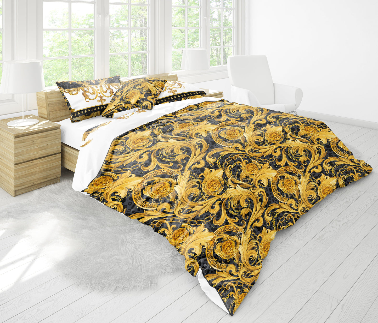 Damasco Barroco Excéntrico Personalizado Amarillo-Negro exclusivo Juego de cama • Diseño reversible • Algodón • microfibra • seda