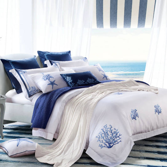 Marine Embroidery White Duvet Cover set Premium Egyptian Cotton Silky Soft Bedding Set  • 4/6/10 PCS