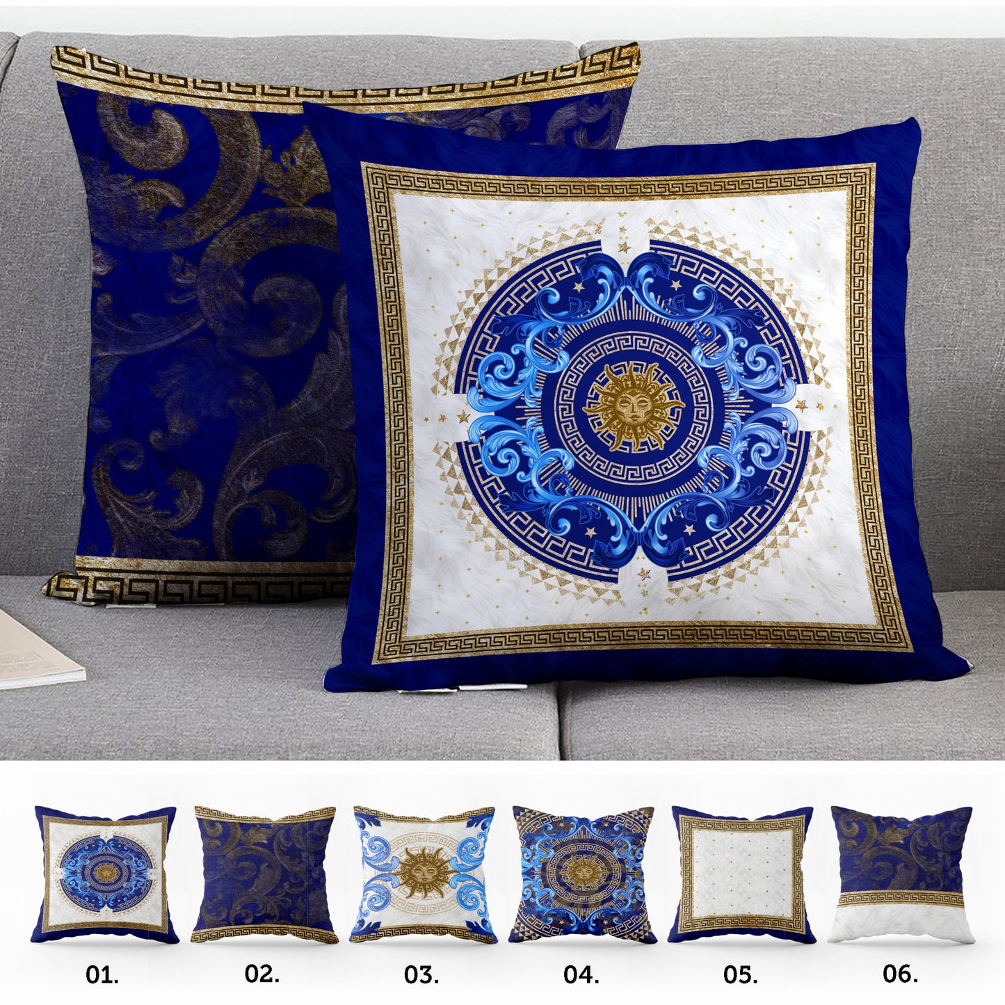 "Noira" cushion covers set • Exclusive Baroque Retro Gold-Blue design Pillow Covers • Art Gift • Living Room Decor • different sizes