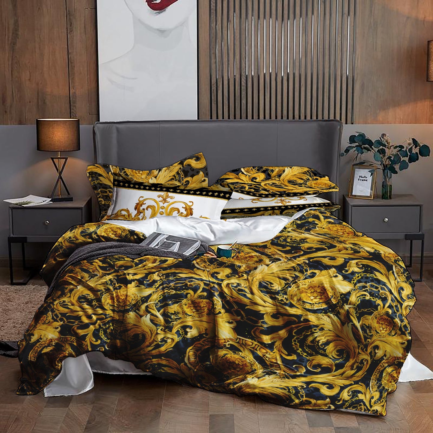 Damasco Barroco Excéntrico Personalizado Amarillo-Negro exclusivo Juego de cama • Diseño reversible • Algodón • microfibra • seda